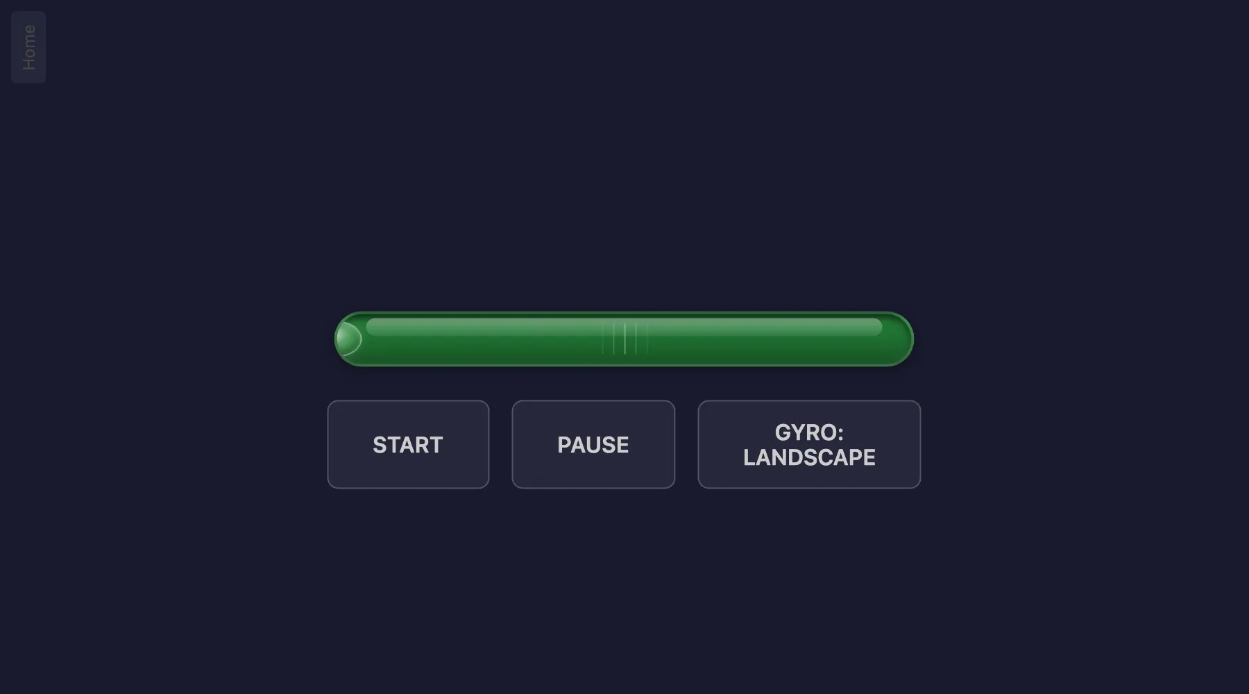 The controller in landscape mode: a horizontal green tilt-indicator pill at the top with START PAUSE and GYRO LANDSCAPE buttons in a row beneath it