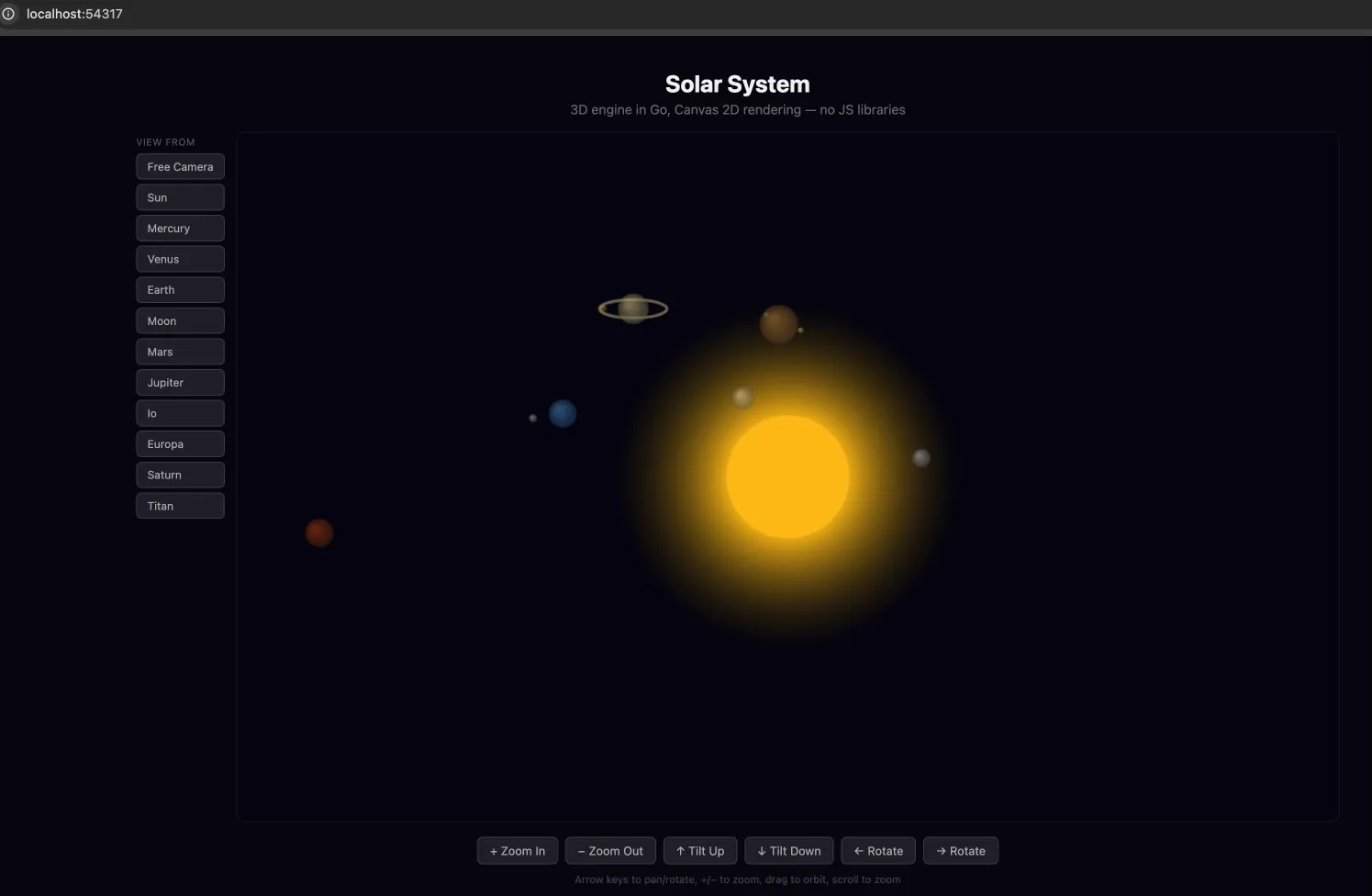 A 3D solar system rendered in a browser, with the sun glowing in the center, planets orbiting, Saturn with rings, and a sidebar of viewpoint buttons
