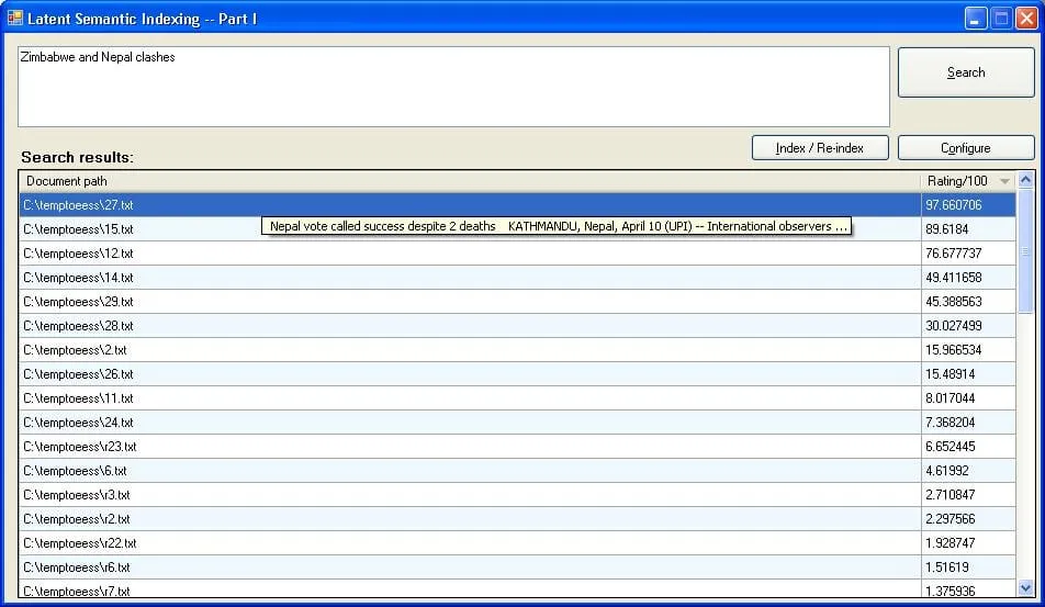 Simple search query w.r.t. contents in the sample. Show the matching documents. Rank approximation: 35% of collection