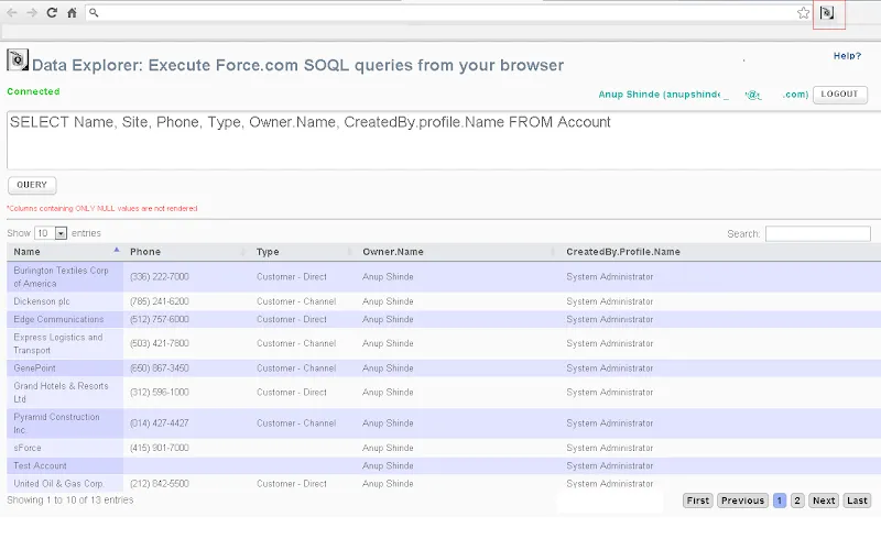 Data Explorer query results