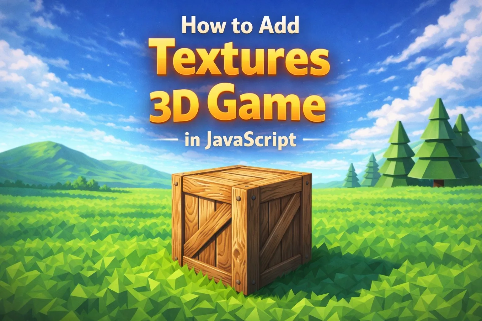 Illustrated title graphic for 'How to Add Textures to a 3D Game in JavaScript', with a wood crate on a grass field under a blue sky