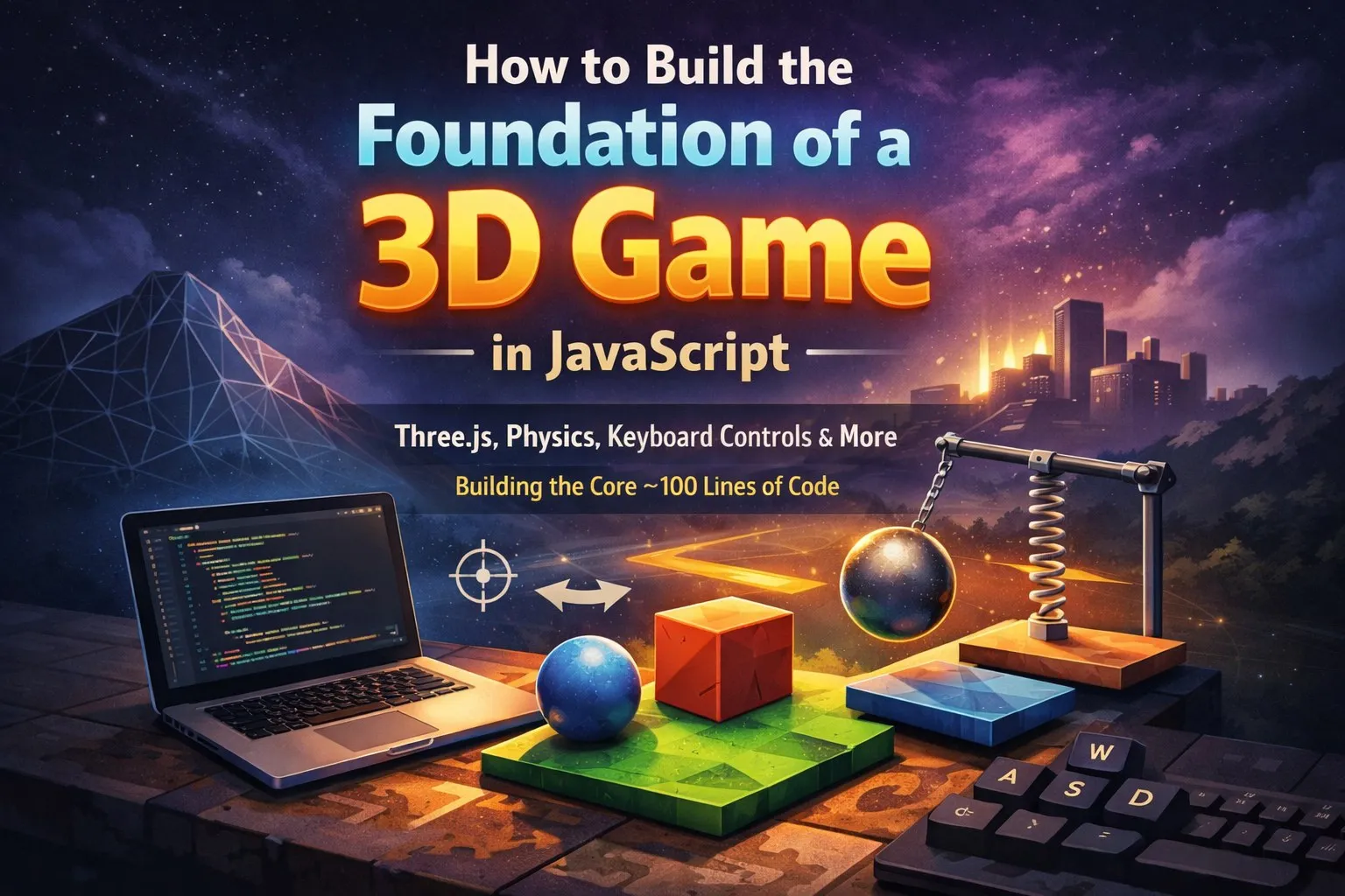 Illustrated title graphic for 'How to Build the Foundation of a 3D Game in JavaScript', with a low-poly 3D game scene
