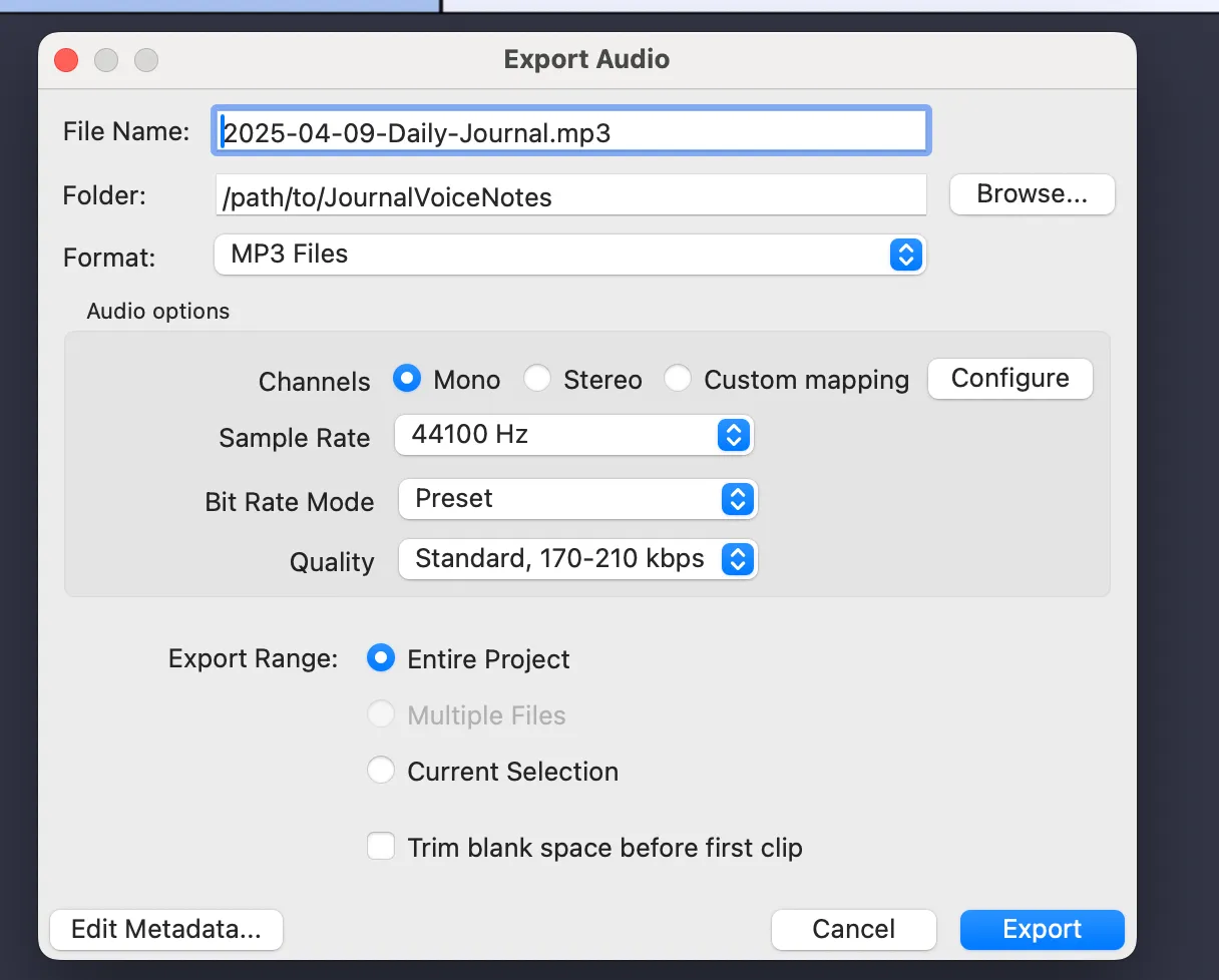Export audio from Audacity