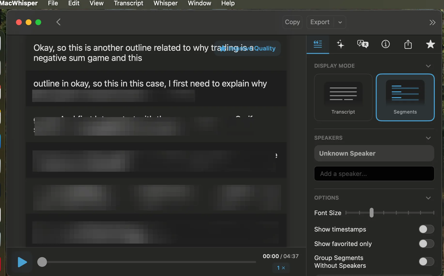 Audio Blog outline being transcribed using MacWhisper