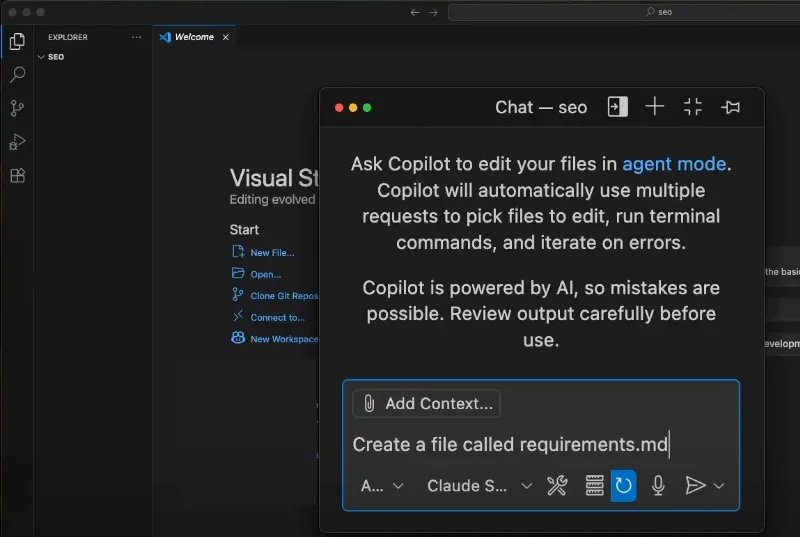 Empty directory. Asking the agent to create a requirements markdown file.